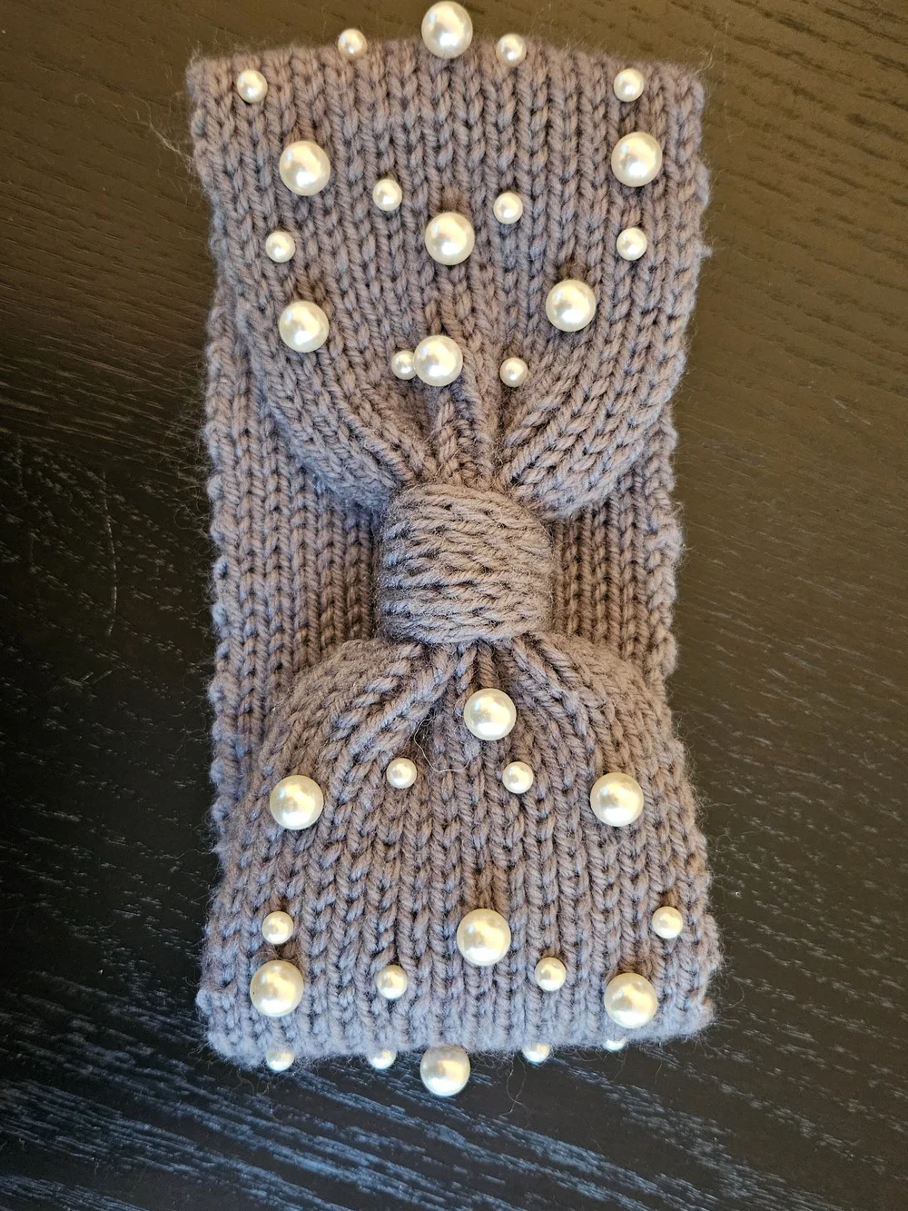 Pearl-Embellished Knit Headband in Grey